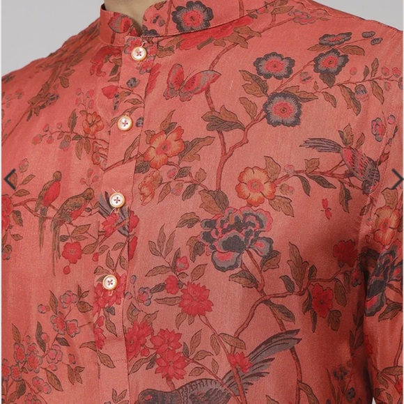 Orange Floral Jal Print Silk Kurta - Picture 2 of 5